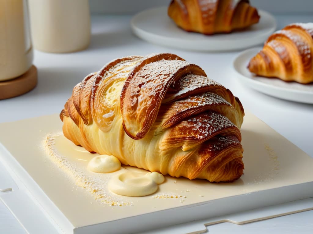  A closeup, ultradetailed image of a perfectly golden vegan croissant, freshly baked and glistening with a light sugar glaze. The flaky layers are visible, showcasing the delicate texture achieved through the use of sustainable, plantbased egg substitutes like flaxseed and chia. The croissant rests on a simple, modern ceramic plate, emphasizing the elegance and simplicity of vegan baking with sustainable ingredients. hyperrealistic, full body, detailed clothing, highly detailed, cinematic lighting, stunningly beautiful, intricate, sharp focus, f/1. 8, 85mm, (centered image composition), (professionally color graded), ((bright soft diffused light)), volumetric fog, trending on instagram, trending on tumblr, HDR 4K, 8K