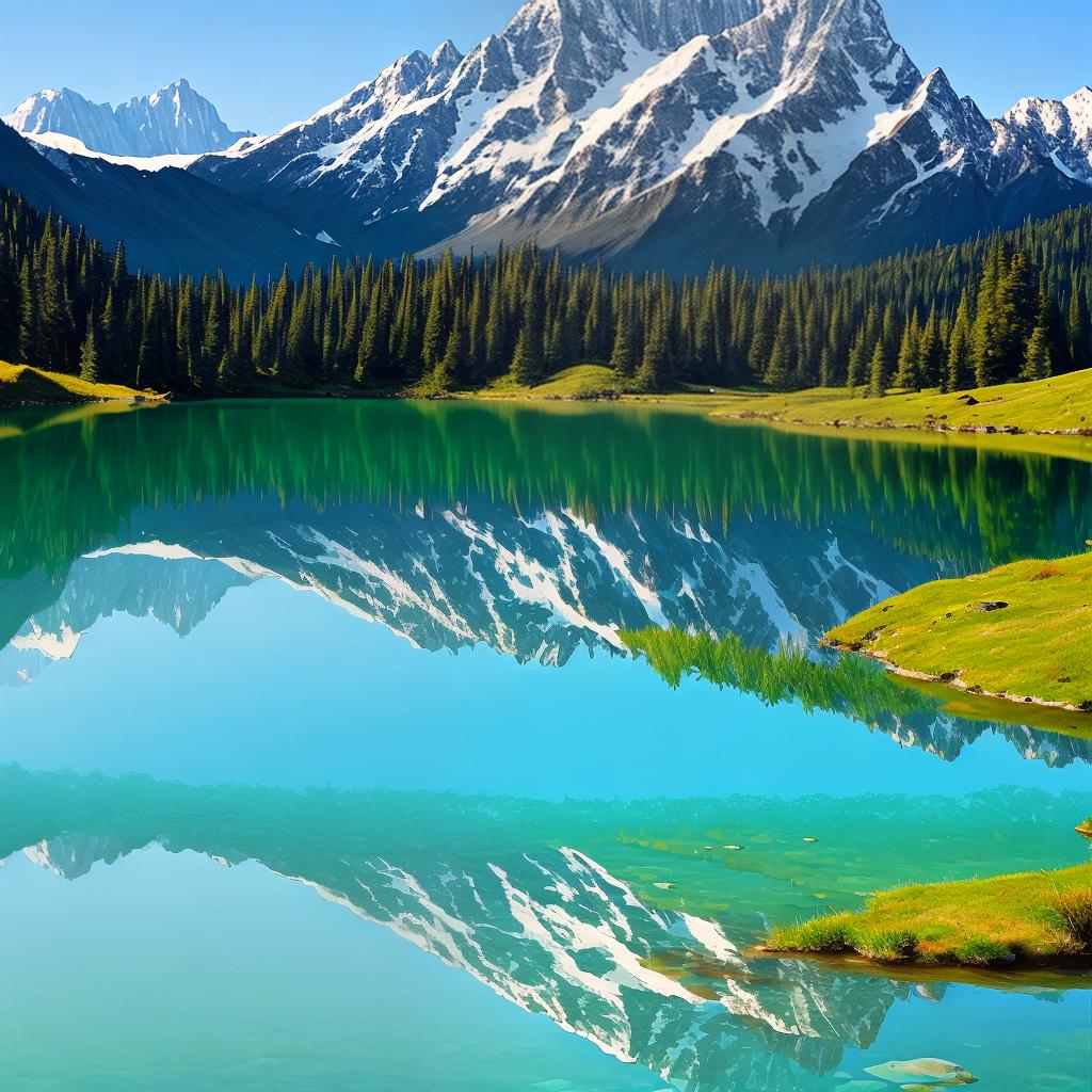  as a painting, Convey the serene majesty of towering mountains reflected in the crystal-clear waters of a tranquil alpine lake, using your unique artistic vision to evoke a sense of awe and tranquility.