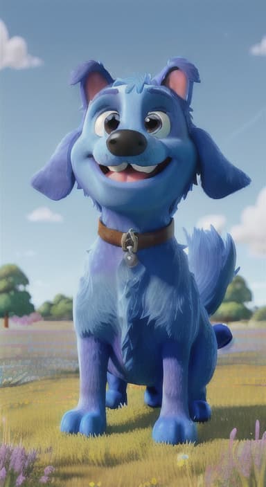  {A happy, big blue dog wagging its tail in a colorful meadow, The big blue dog is large with sky blue fur, big round eyes, a black nose, and floppy ears.