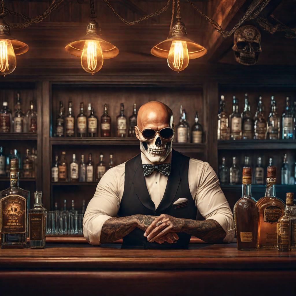  Creame un antiguo bartender calavera hyperrealistic, full body, detailed clothing, highly detailed, cinematic lighting, stunningly beautiful, intricate, sharp focus, f/1. 8, 85mm, (centered image composition), (professionally color graded), ((bright soft diffused light)), volumetric fog, trending on instagram, trending on tumblr, HDR 4K, 8K