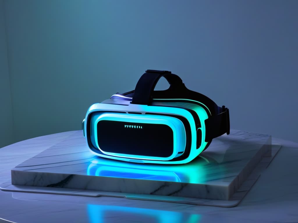  A minimalist, futuristic virtual reality headset with intricate circuit patterns glowing in vibrant neon colors, casting a subtle light on a sleek, polished marble countertop. The background fades into darkness, emphasizing the striking details of the headset and creating a sense of anticipation and innovation. hyperrealistic, full body, detailed clothing, highly detailed, cinematic lighting, stunningly beautiful, intricate, sharp focus, f/1. 8, 85mm, (centered image composition), (professionally color graded), ((bright soft diffused light)), volumetric fog, trending on instagram, trending on tumblr, HDR 4K, 8K