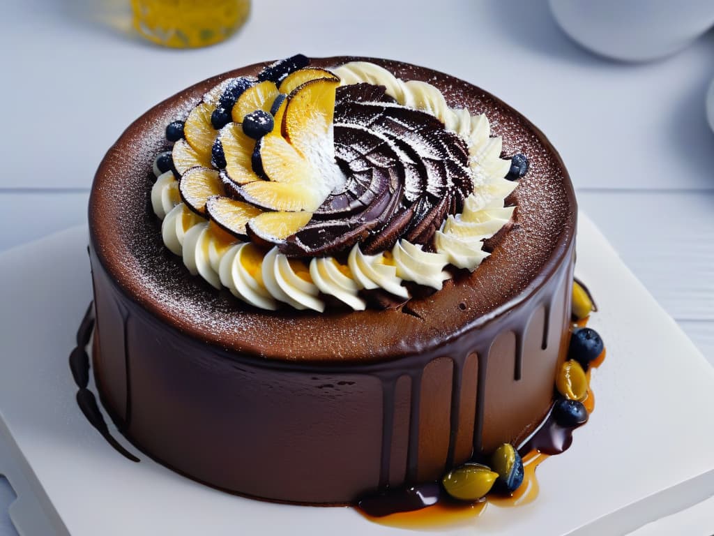  A closeup, ultradetailed image of a decadent chocolate cake drizzled with rich, golden olive oil, with the light catching the glistening droplets and highlighting the intricate swirls of the dessert. The cake sits on a sleek, modern white plate, set against a soft, blurred background to emphasize the luxurious simplicity of the dish. hyperrealistic, full body, detailed clothing, highly detailed, cinematic lighting, stunningly beautiful, intricate, sharp focus, f/1. 8, 85mm, (centered image composition), (professionally color graded), ((bright soft diffused light)), volumetric fog, trending on instagram, trending on tumblr, HDR 4K, 8K