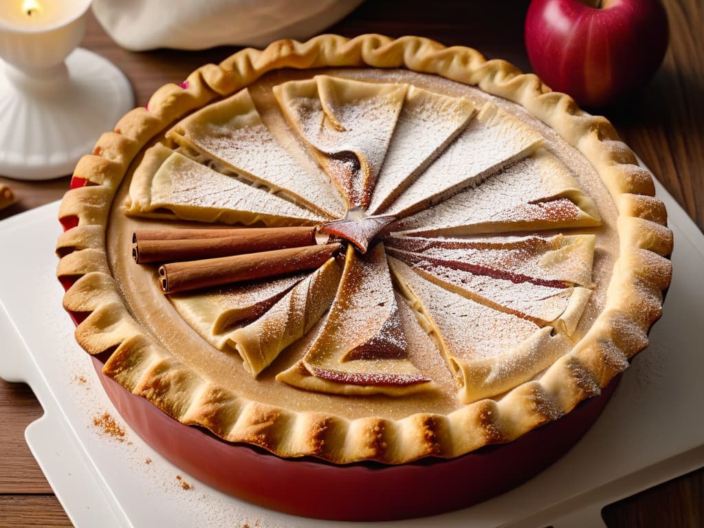  A highresolution closeup image of a delicate hand sprinkling a precise amount of cinnamon onto a beautifully crafted apple pie just before placing it in the oven. The focus is on the intricate details of the cinnamon powder gently falling onto the golden crust, highlighting the art of flavor fusion in baked goods. hyperrealistic, full body, detailed clothing, highly detailed, cinematic lighting, stunningly beautiful, intricate, sharp focus, f/1. 8, 85mm, (centered image composition), (professionally color graded), ((bright soft diffused light)), volumetric fog, trending on instagram, trending on tumblr, HDR 4K, 8K