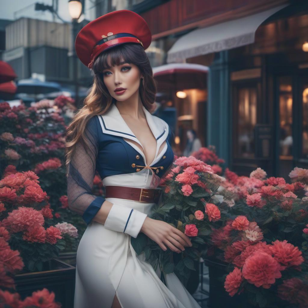  The sailor hat blooms. hyperrealistic, full body, detailed clothing, highly detailed, cinematic lighting, stunningly beautiful, intricate, sharp focus, f/1. 8, 85mm, (centered image composition), (professionally color graded), ((bright soft diffused light)), volumetric fog, trending on instagram, trending on tumblr, HDR 4K, 8K