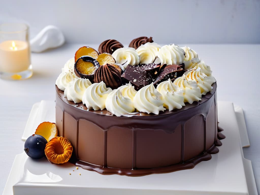  An ultradetailed, minimalist image of a decadent chocolate cake with glossy ganache glaze, adorned with elegant swirls of whipped cream infused with hints of rum and cognac, garnished with delicate chocolate shavings and a sprinkle of gold flakes, presented on a sleek, modern white plate against a softfocus background to evoke sophistication and luxury. hyperrealistic, full body, detailed clothing, highly detailed, cinematic lighting, stunningly beautiful, intricate, sharp focus, f/1. 8, 85mm, (centered image composition), (professionally color graded), ((bright soft diffused light)), volumetric fog, trending on instagram, trending on tumblr, HDR 4K, 8K