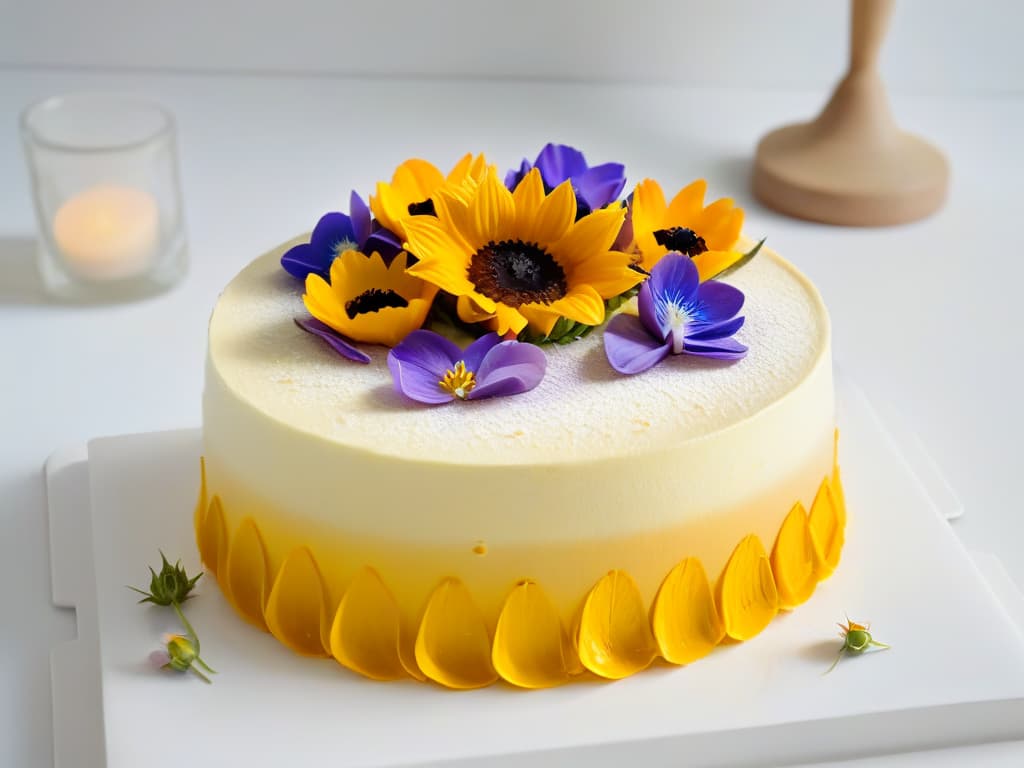  A minimalist, highresolution image of a freshly baked, light and airy sunflower oil cake topped with delicate edible flowers on a modern, sleek white plate with soft natural light illuminating the dessert, showcasing the golden hue of the cake and the vibrant colors of the flowers in exquisite detail. hyperrealistic, full body, detailed clothing, highly detailed, cinematic lighting, stunningly beautiful, intricate, sharp focus, f/1. 8, 85mm, (centered image composition), (professionally color graded), ((bright soft diffused light)), volumetric fog, trending on instagram, trending on tumblr, HDR 4K, 8K