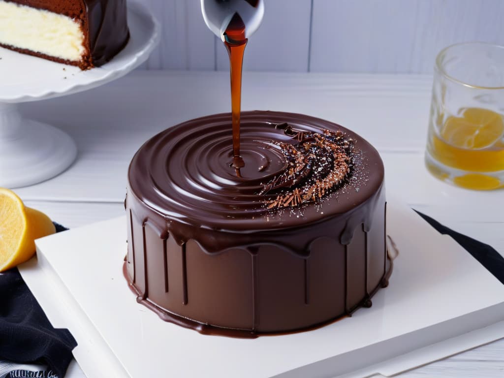  An ultradetailed closeup image of a glossy chocolate ganache being poured over a perfectly smooth and shiny mirror glaze cake. The deep brown color of the ganache contrasts beautifully with the reflective surface of the cake, capturing every detail of the luxurious dessert creation. The intricate swirls and ripples of the ganache as it cascades down the sides of the cake create a mesmerizing and visually stunning effect, showcasing the artistry and precision involved in crafting sophisticated and multisensorial desserts at home. hyperrealistic, full body, detailed clothing, highly detailed, cinematic lighting, stunningly beautiful, intricate, sharp focus, f/1. 8, 85mm, (centered image composition), (professionally color graded), ((bright soft diffused light)), volumetric fog, trending on instagram, trending on tumblr, HDR 4K, 8K