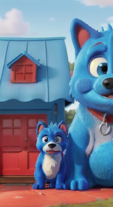  {Max the big blue dog standing in front of a cozy little house with a red door, The big blue dog is large with sky blue fur, big round eyes, a black nose, and floppy ears.