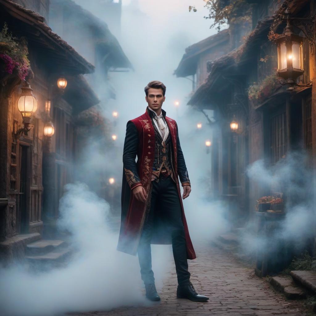  Boy in the world of magic. hyperrealistic, full body, detailed clothing, highly detailed, cinematic lighting, stunningly beautiful, intricate, sharp focus, f/1. 8, 85mm, (centered image composition), (professionally color graded), ((bright soft diffused light)), volumetric fog, trending on instagram, trending on tumblr, HDR 4K, 8K