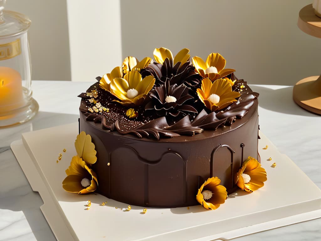  A closeup, ultradetailed image of a decadent triplelayer chocolate cake adorned with intricate sugar flowers and delicate gold leaf accents. The cake sits on a polished marble countertop, with soft natural light filtering through a nearby window, casting a gentle glow on its glossy surface. Each flower petal and gold detail is so meticulously crafted that the viewer can almost taste the rich chocolate and smell the sweet aroma of the dessert. hyperrealistic, full body, detailed clothing, highly detailed, cinematic lighting, stunningly beautiful, intricate, sharp focus, f/1. 8, 85mm, (centered image composition), (professionally color graded), ((bright soft diffused light)), volumetric fog, trending on instagram, trending on tumblr, HDR 4K, 8K