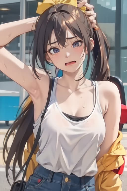  Realistic, Girl, normal build sweating, ahegao, eye roll, wearing spaghetti strap tank top, shorts