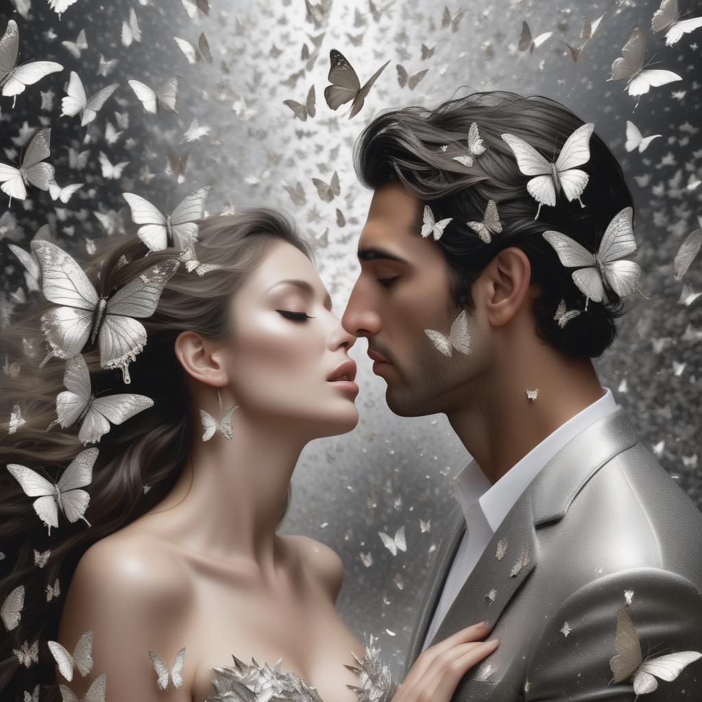  photo RAW, ( ultrarealistic, hyperrealistice, hyperdetailed:shattered into thousands of silver butterflies, scattering into a breeze of silver twinkling stars.  Maria and Carlos had backed a couple of steps away, they couldn’t help but sigh in awe with there eyes wide open. This sight truly was as beautiful as a fantastic dream), masterpiece, award winning photography, natural light, perfect composition, high detail, hyper realistic, add depth, water background, (real human,detailed human:1.5),(highly detailed eyes), full clothed, facing each other hyperrealistic, full body, detailed clothing, highly detailed, cinematic lighting, stunningly beautiful, intricate, sharp focus, f/1. 8, 85mm, (centered image composition), (professionally color graded), ((bright soft diffused light)), volumetric fog, trending on instagram, trending on tumblr, HDR 4K, 8K