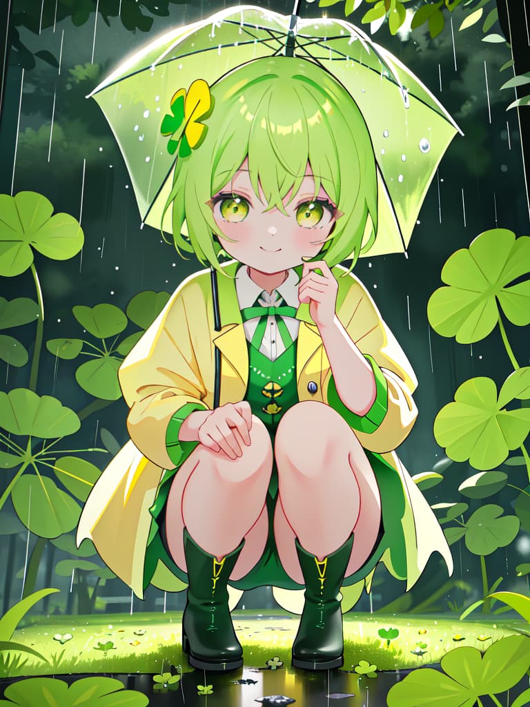  Staring at the four leaf clover with an umbrella in the rain, a yellow raincoat and a yellow green haired girl character in boots, crouching and staring at the on the ground and staring with a smile., masterpiece, best quality,8k,ultra detailed,high resolution,an extremely delicate and beautiful,hyper detail