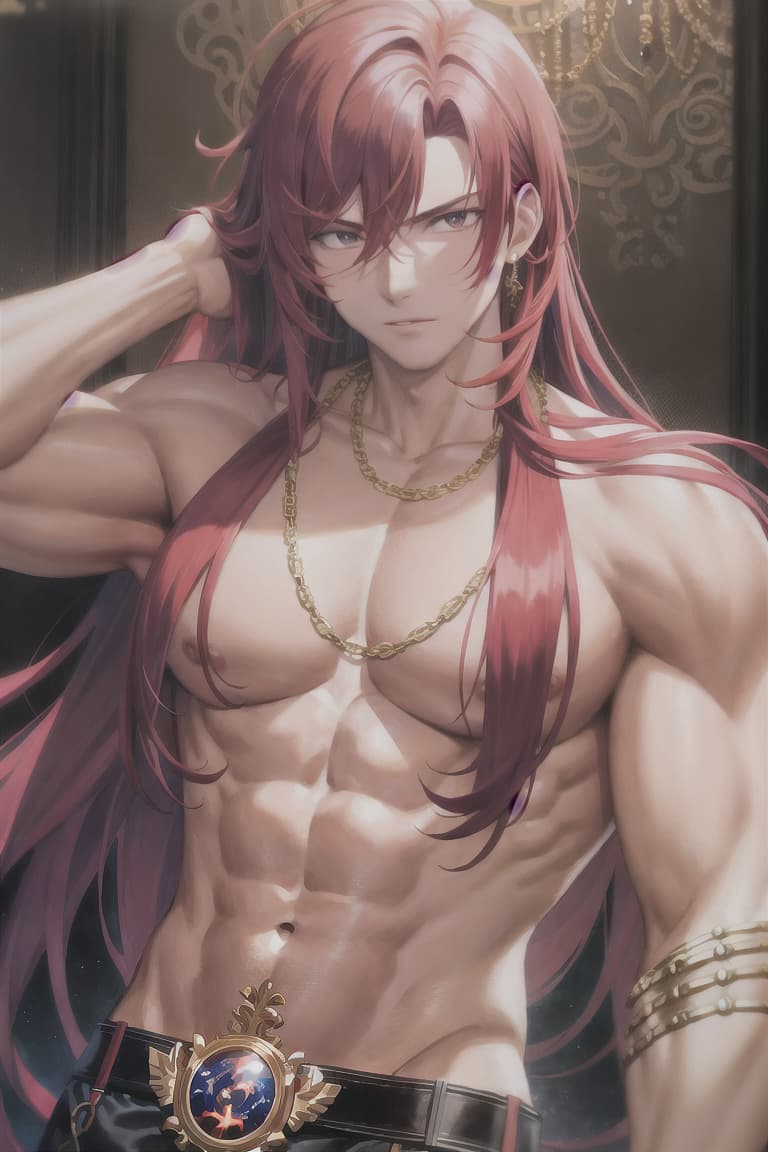  master piece , best quality,Red hair, long hair, male, muscled, flame, sealed, gold chain