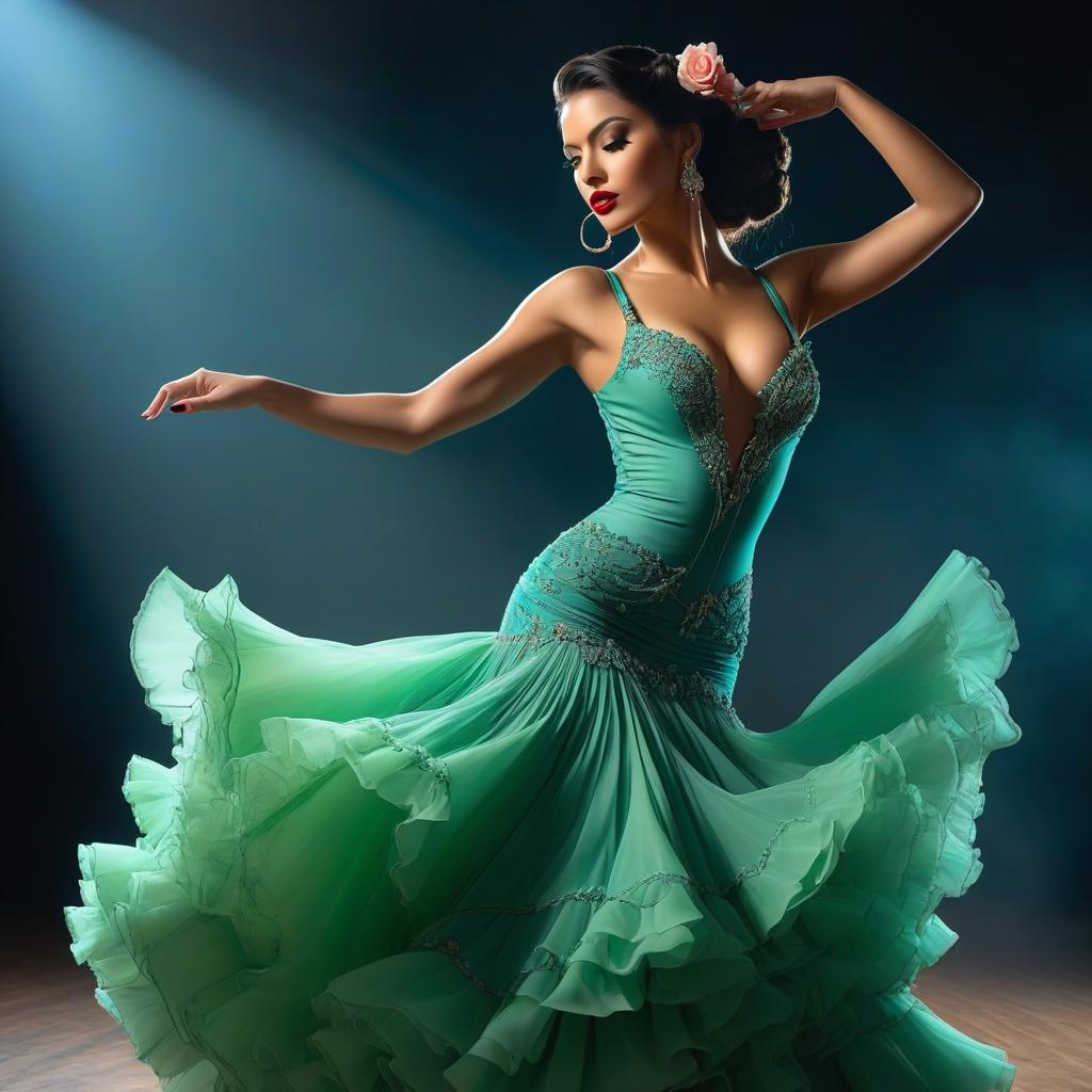  Beautiful Flamenco dancer, amazing dress from green blue hyperrealistic, full body, detailed clothing, highly detailed, cinematic lighting, stunningly beautiful, intricate, sharp focus, f/1. 8, 85mm, (centered image composition), (professionally color graded), ((bright soft diffused light)), volumetric fog, trending on instagram, trending on tumblr, HDR 4K, 8K