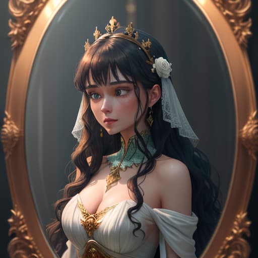  in a mirror a girl with bluish green eyes and wavy brown hair stands clasping a glass rose, she is surrounded by darkness from all directions. she's wearing a beautiful white gown stained with drops of blood from the breathtaking gold crown topping her head that is attached to her skull firmly causing blood to stream from the sides of her head hyperrealistic, full body, detailed clothing, highly detailed, cinematic lighting, stunningly beautiful, intricate, sharp focus, f/1. 8, 85mm, (centered image composition), (professionally color graded), ((bright soft diffused light)), volumetric fog, trending on instagram, trending on tumblr, HDR 4K, 8K