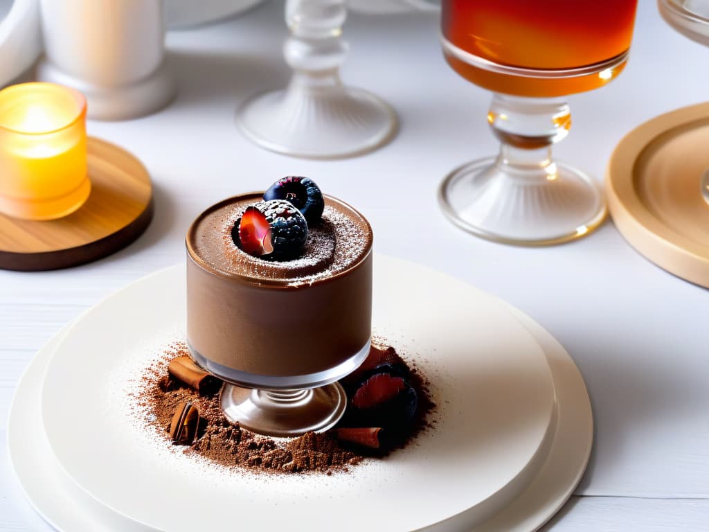  A closeup, photorealistic image of a luxurious velvettextured chocolate mousse in a crystal goblet garnished with a delicate dusting of cocoa powder. The mousse is perfectly smooth and glossy, reflecting the soft lighting in the elegant dining setting. The rich brown color of the dessert contrasts beautifully with the sparkling glassware, emphasizing the indulgent and sophisticated nature of this velvety treat. hyperrealistic, full body, detailed clothing, highly detailed, cinematic lighting, stunningly beautiful, intricate, sharp focus, f/1. 8, 85mm, (centered image composition), (professionally color graded), ((bright soft diffused light)), volumetric fog, trending on instagram, trending on tumblr, HDR 4K, 8K