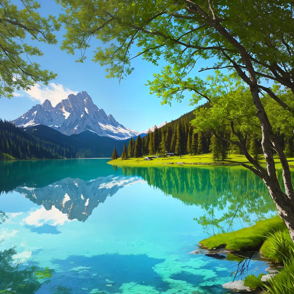  as a painting, Convey the serene majesty of towering mountains reflected in the crystal-clear waters of a tranquil alpine lake, using your unique artistic vision to evoke a sense of awe and tranquility.