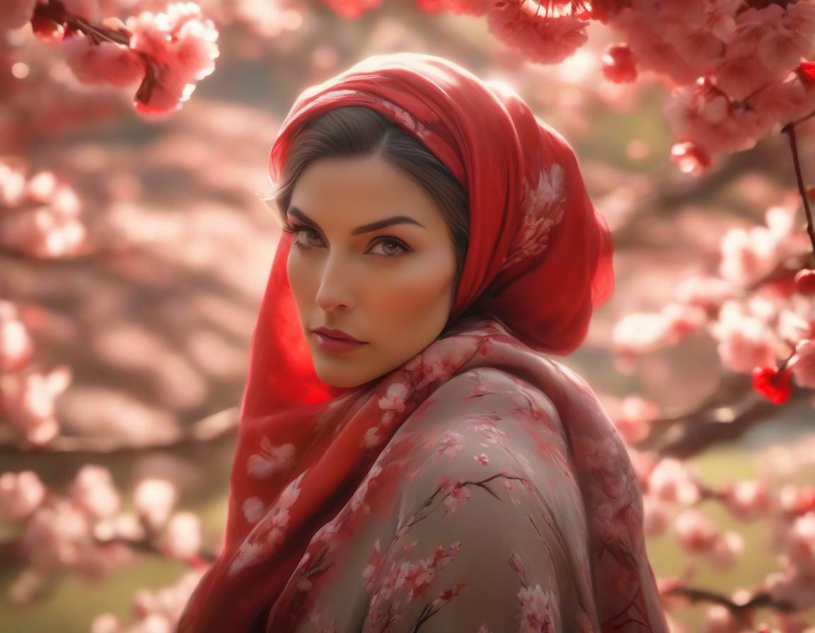  A digital art portrait of a woman with a red headscarf, cherry blossoms in her hair, and serene landscape in the background. hyperrealistic, full body, detailed clothing, highly detailed, cinematic lighting, stunningly beautiful, intricate, sharp focus, f/1. 8, 85mm, (centered image composition), (professionally color graded), ((bright soft diffused light)), volumetric fog, trending on instagram, trending on tumblr, HDR 4K, 8K