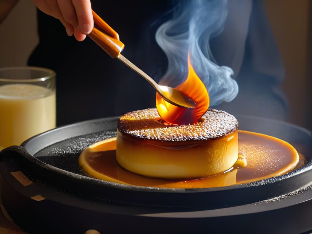  A closeup, highresolution image of a perfectly goldenbrown crème brûlée being torched, showcasing the caramelization process in exquisite detail. The caramelized sugar on top is crackling under the heat, emitting a warm, inviting glow, while the creamy custard underneath remains perfectly set. The contrast between the dark caramel and the pale custard creates a visually striking and appetizing image that perfectly captures the essence of caramelization in pastry. hyperrealistic, full body, detailed clothing, highly detailed, cinematic lighting, stunningly beautiful, intricate, sharp focus, f/1. 8, 85mm, (centered image composition), (professionally color graded), ((bright soft diffused light)), volumetric fog, trending on instagram, trending on tumblr, HDR 4K, 8K