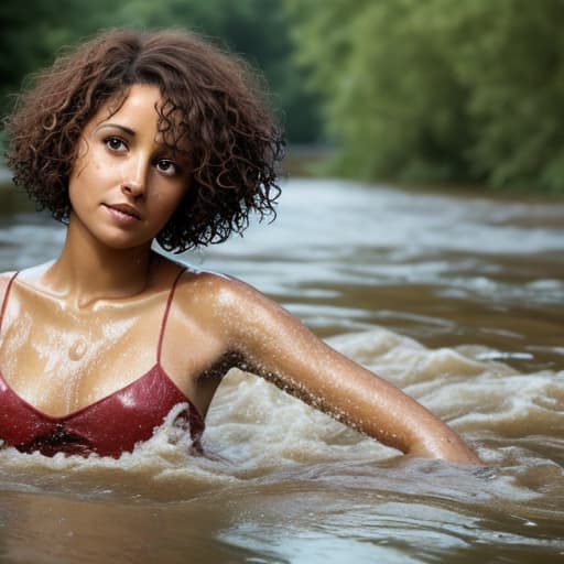  tanned woman with short and curly hair drowning in the river