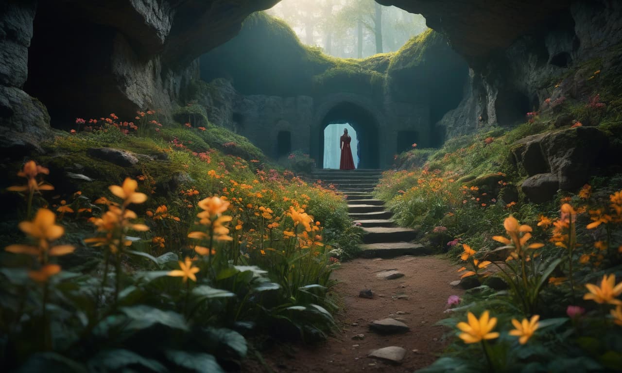  cinematic film still Mystical forest, entrance to a cave with ruins of ancient buildings, geometric shapes, fireflies, luxurious, magic. mysterious flowers, textured surfaces, bold colors, elegant, decorative, symmetrical, ornate, detailed elaborate Masterpiece . shallow depth of field, vignette, highly detailed, high budget, bokeh, cinemascope, moody, epic, gorgeous, film grain, grainy hyperrealistic, full body, detailed clothing, highly detailed, cinematic lighting, stunningly beautiful, intricate, sharp focus, f/1. 8, 85mm, (centered image composition), (professionally color graded), ((bright soft diffused light)), volumetric fog, trending on instagram, trending on tumblr, HDR 4K, 8K