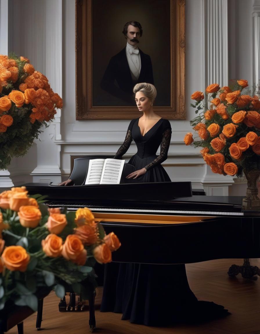  Victorians beauty in mourning in a black dress plays on white and black keys of a white piano Half turned far away from a bunch of orange aurans, a rose bouquet from the 1870s on a table. hyperrealistic, full body, detailed clothing, highly detailed, cinematic lighting, stunningly beautiful, intricate, sharp focus, f/1. 8, 85mm, (centered image composition), (professionally color graded), ((bright soft diffused light)), volumetric fog, trending on instagram, trending on tumblr, HDR 4K, 8K