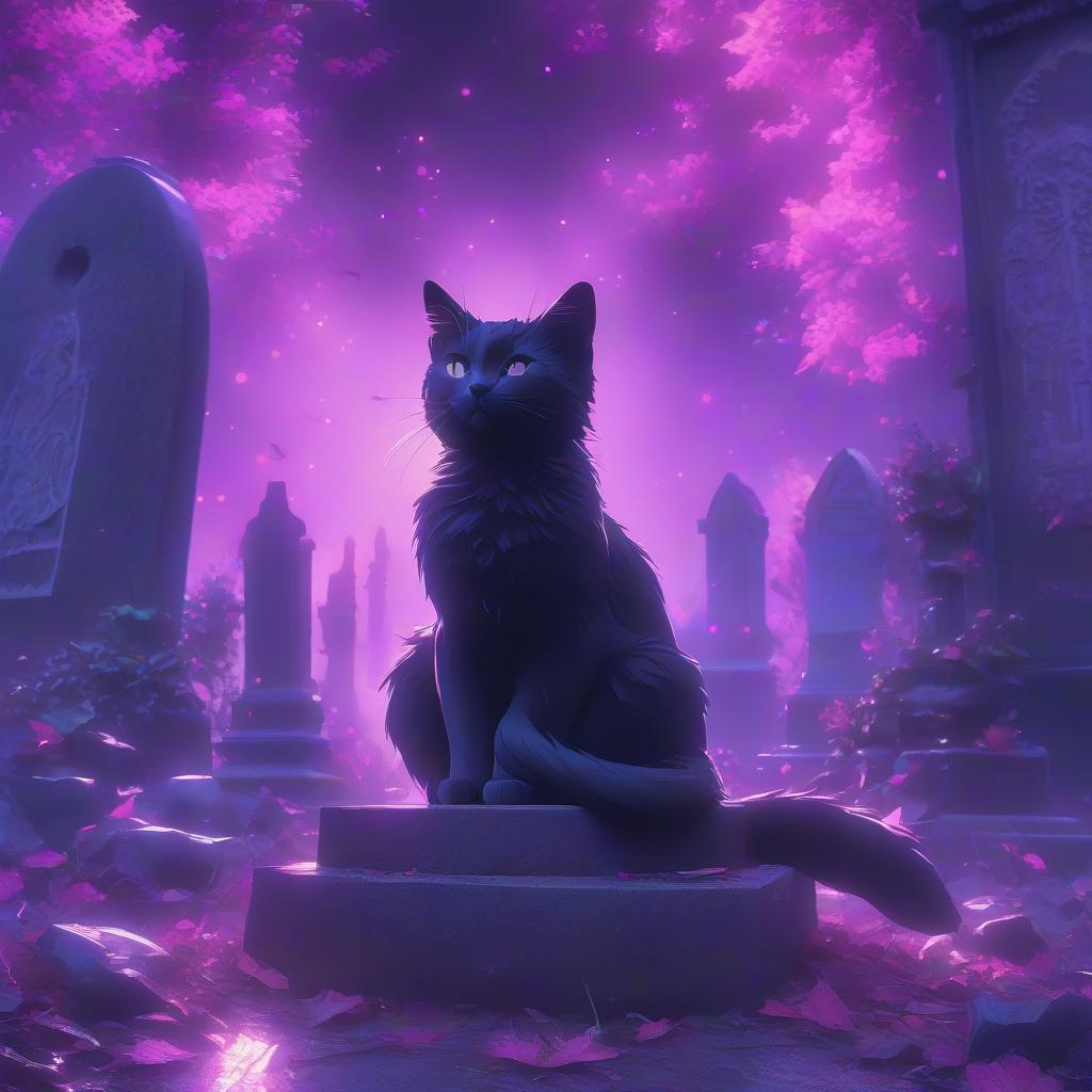  anime artwork A cat sitting in front of a grave in a purple pink themed atmosphere. In Russian: Котик, сидящий перед надгrobьем на кладбище, в фиолетово розовой гамме. . anime style, key visual, vibrant, studio anime, highly detailed hyperrealistic, full body, detailed clothing, highly detailed, cinematic lighting, stunningly beautiful, intricate, sharp focus, f/1. 8, 85mm, (centered image composition), (professionally color graded), ((bright soft diffused light)), volumetric fog, trending on instagram, trending on tumblr, HDR 4K, 8K