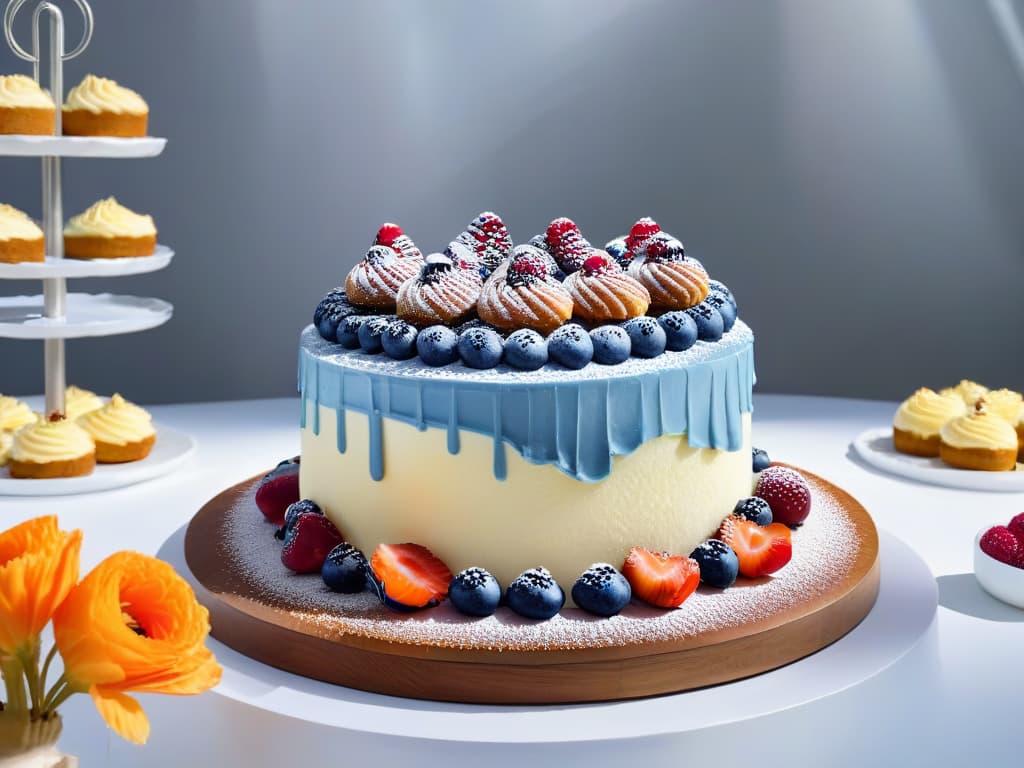  An image of an elegant dessert table at a special event, featuring a spread of beautifully arranged ketofriendly pastries and cakes. The desserts are meticulously decorated with fresh berries and edible flowers, exuding a sense of sophistication and indulgence while still adhering to the principles of the keto diet. The table is set against a simple, clean backdrop, emphasizing the minimalistic yet luxurious aesthetic of the spread. hyperrealistic, full body, detailed clothing, highly detailed, cinematic lighting, stunningly beautiful, intricate, sharp focus, f/1. 8, 85mm, (centered image composition), (professionally color graded), ((bright soft diffused light)), volumetric fog, trending on instagram, trending on tumblr, HDR 4K, 8K