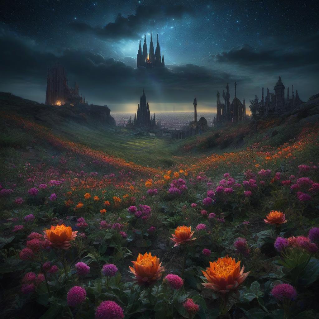  (stylized by Tomasz Alen Kopera:1.3) , dark art, dense flower field and Perseid meteor in background, landscape of a (Barcelona:1.2) , very Bizarre and 1600'S, Hurricane, Glitchcore, Amaro, layered textures, ornate, intricate artistic color, complimentary colors, very inspirational, atmosphere, fine artistic composition, sunny, theatrical hyperrealistic, full body, detailed clothing, highly detailed, cinematic lighting, stunningly beautiful, intricate, sharp focus, f/1. 8, 85mm, (centered image composition), (professionally color graded), ((bright soft diffused light)), volumetric fog, trending on instagram, trending on tumblr, HDR 4K, 8K