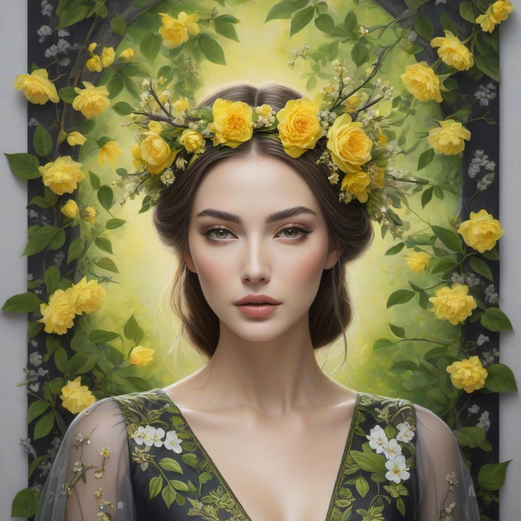  Create a charcoal, graphite, chalk and crayon artwork of a young mysterious lady surrounded by tapestry of awakening fresh green and fresh yellow spring branches and leaves and blossoms. Her lovely close up face enigma framed by a floral crown. Petals cling to her gown, whispering secrets of the awakening season. Colors grey and black, green and yellow. hyperrealistic, full body, detailed clothing, highly detailed, cinematic lighting, stunningly beautiful, intricate, sharp focus, f/1. 8, 85mm, (centered image composition), (professionally color graded), ((bright soft diffused light)), volumetric fog, trending on instagram, trending on tumblr, HDR 4K, 8K