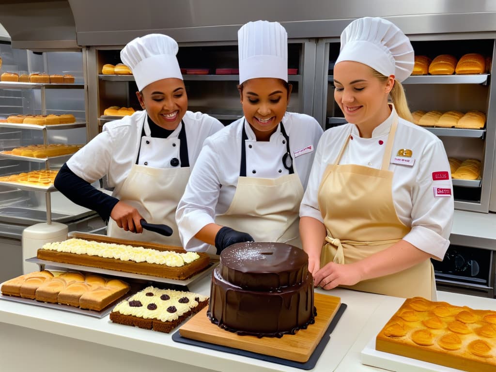  An ultradetailed image of a diverse group of bakers, each with unique tools and equipment suited for individuals with hearing impairments, such as visual timers, sign language guides, and vibrating alerts on the kitchen appliances. The bakers are skillfully creating an array of visually stunning pastries and cakes, showcasing the accessibility and inclusivity of the baking process. The background is a modern, sleek kitchen setting with soft, natural lighting enhancing the minimalistic yet impactful scene. hyperrealistic, full body, detailed clothing, highly detailed, cinematic lighting, stunningly beautiful, intricate, sharp focus, f/1. 8, 85mm, (centered image composition), (professionally color graded), ((bright soft diffused light)), volumetric fog, trending on instagram, trending on tumblr, HDR 4K, 8K