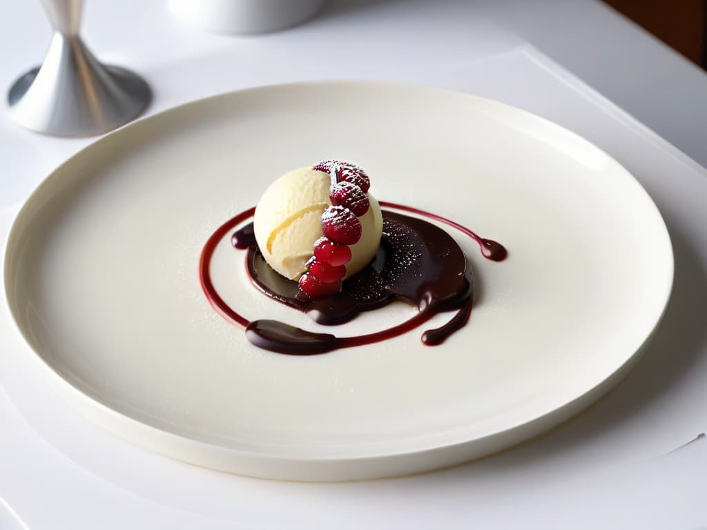  An image of a beautifully plated dessert consisting of a single, perfectly spherical scoop of creamy vanilla bean ice cream resting delicately on a sleek, modernist white plate. The dish is adorned with a single, fresh raspberry placed precisely in the center of the ice cream, with a delicate drizzle of rich, dark chocolate sauce cascading elegantly down the side of the scoop. The background is a soft, blurred gradient of pastel colors, emphasizing the simplicity and elegance of the dessert. hyperrealistic, full body, detailed clothing, highly detailed, cinematic lighting, stunningly beautiful, intricate, sharp focus, f/1. 8, 85mm, (centered image composition), (professionally color graded), ((bright soft diffused light)), volumetric fog, trending on instagram, trending on tumblr, HDR 4K, 8K