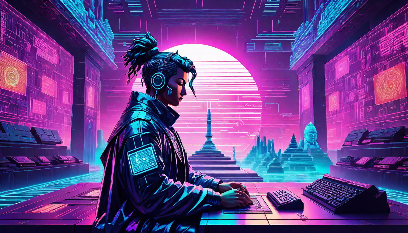  vaporwave,cyberpunk game style Figure meditating in study, symbols of ancient civilizations, holographic displays of modern techeon, dystopian, futuristic, digital, vibrant, detailed, high contrast, reminiscent of cyberpunk genre video games,retro aesthetic, cyberpunk, vibrant, neon colors, vintage 80s and 90s style, highly detailed