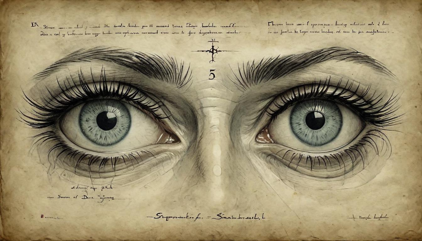  on parchment, surrealism+++, a close up of eyes, eerily still, pupils fixed, ambient low light, feeling of dread, sense of being watched(mysterious, provocative, symbolic,muted color)+++