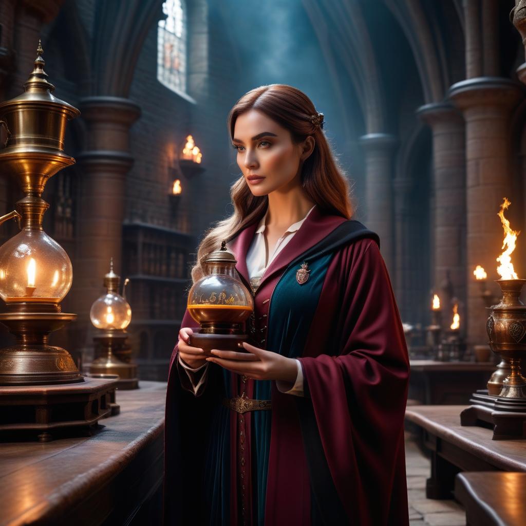  A girl is googling how to make potion in Hogwarts. hyperrealistic, full body, detailed clothing, highly detailed, cinematic lighting, stunningly beautiful, intricate, sharp focus, f/1. 8, 85mm, (centered image composition), (professionally color graded), ((bright soft diffused light)), volumetric fog, trending on instagram, trending on tumblr, HDR 4K, 8K