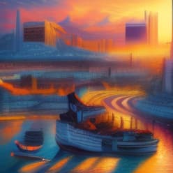  A highly detailed digital painting of a picturesque cityscape at sunset, in the style of impressionism, with vibrant colors and soft lighting., high resolution, sharp focus, (Centered composition:1.5), ((masterpiece)), (professionally color graded), ((bright soft diffused light))