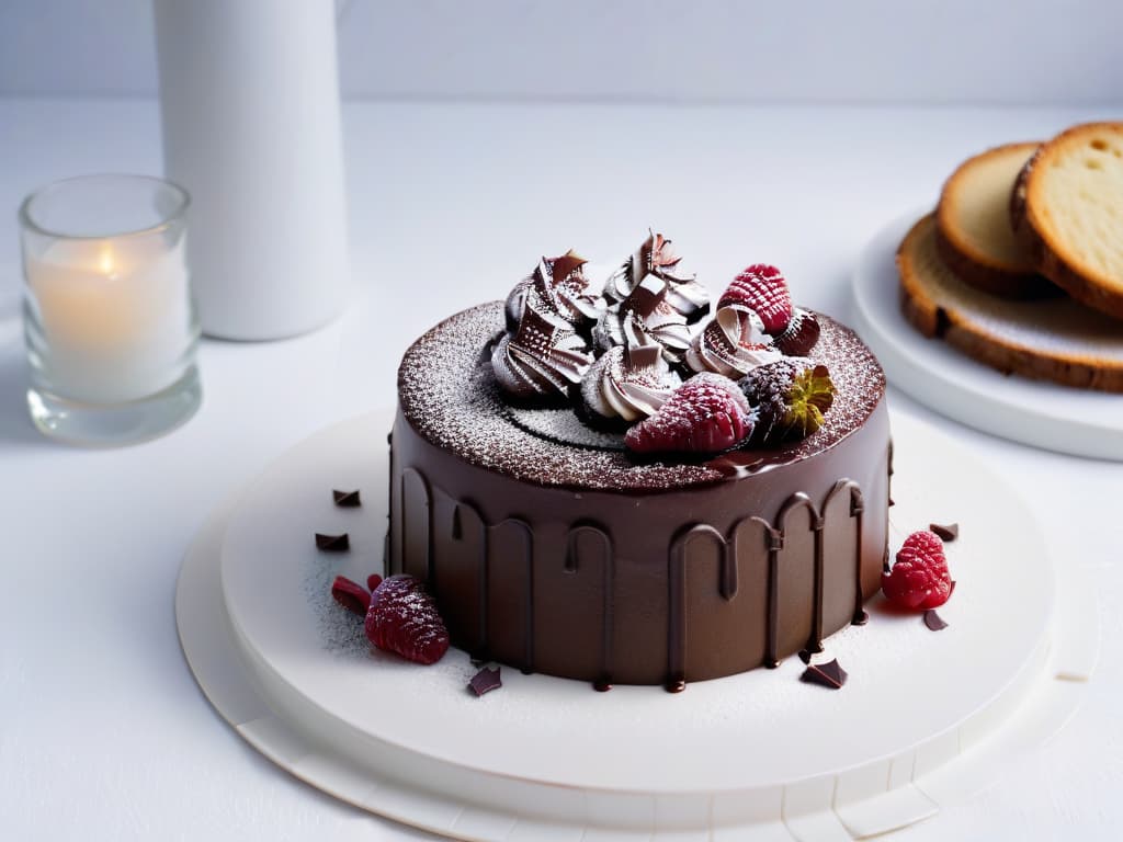  A visually striking image of an elegant, minimalistic glutenfree chocolate cake, perfectly frosted with swirls of rich chocolate ganache. The cake sits on a sleek, white porcelain plate, adorned with a sprinkle of vibrant raspberries and a dusting of powdered sugar. The lighting is soft and natural, casting gentle shadows to enhance the intricate details of the dessert. The overall composition exudes sophistication and temptation, making it the perfect visual representation for the article on glutenfree desserts. hyperrealistic, full body, detailed clothing, highly detailed, cinematic lighting, stunningly beautiful, intricate, sharp focus, f/1. 8, 85mm, (centered image composition), (professionally color graded), ((bright soft diffused light)), volumetric fog, trending on instagram, trending on tumblr, HDR 4K, 8K