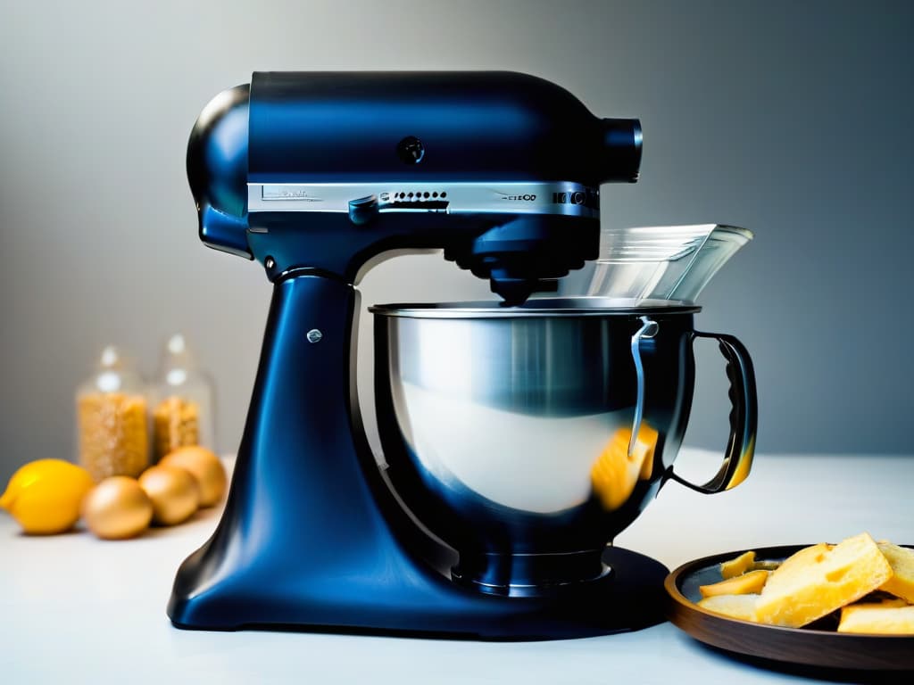  A closeup, ultradetailed image of a sleek, matte black stand mixer with a shiny metallic bowl attached, captured from a low angle to emphasize its modern design and professional allure. The focus is on the smooth lines, subtle branding, and the soft glow reflecting off the bowl, showcasing the epitome of highend baking equipment for gourmet pastry chefs. hyperrealistic, full body, detailed clothing, highly detailed, cinematic lighting, stunningly beautiful, intricate, sharp focus, f/1. 8, 85mm, (centered image composition), (professionally color graded), ((bright soft diffused light)), volumetric fog, trending on instagram, trending on tumblr, HDR 4K, 8K