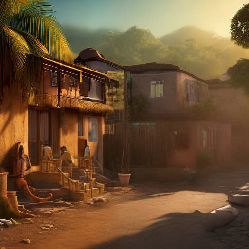 redshift style A rastafari jamaican village at sunset, street level, earthy colors, painterly anime style.