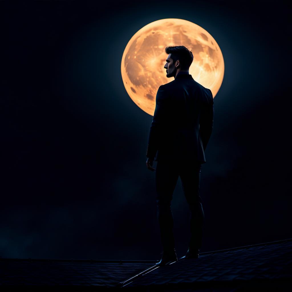  A man with a short haircut stands on the roof and looks back, midnight, against the backdrop of the Moon, in photo realistic, 4k. hyperrealistic, full body, detailed clothing, highly detailed, cinematic lighting, stunningly beautiful, intricate, sharp focus, f/1. 8, 85mm, (centered image composition), (professionally color graded), ((bright soft diffused light)), volumetric fog, trending on instagram, trending on tumblr, HDR 4K, 8K