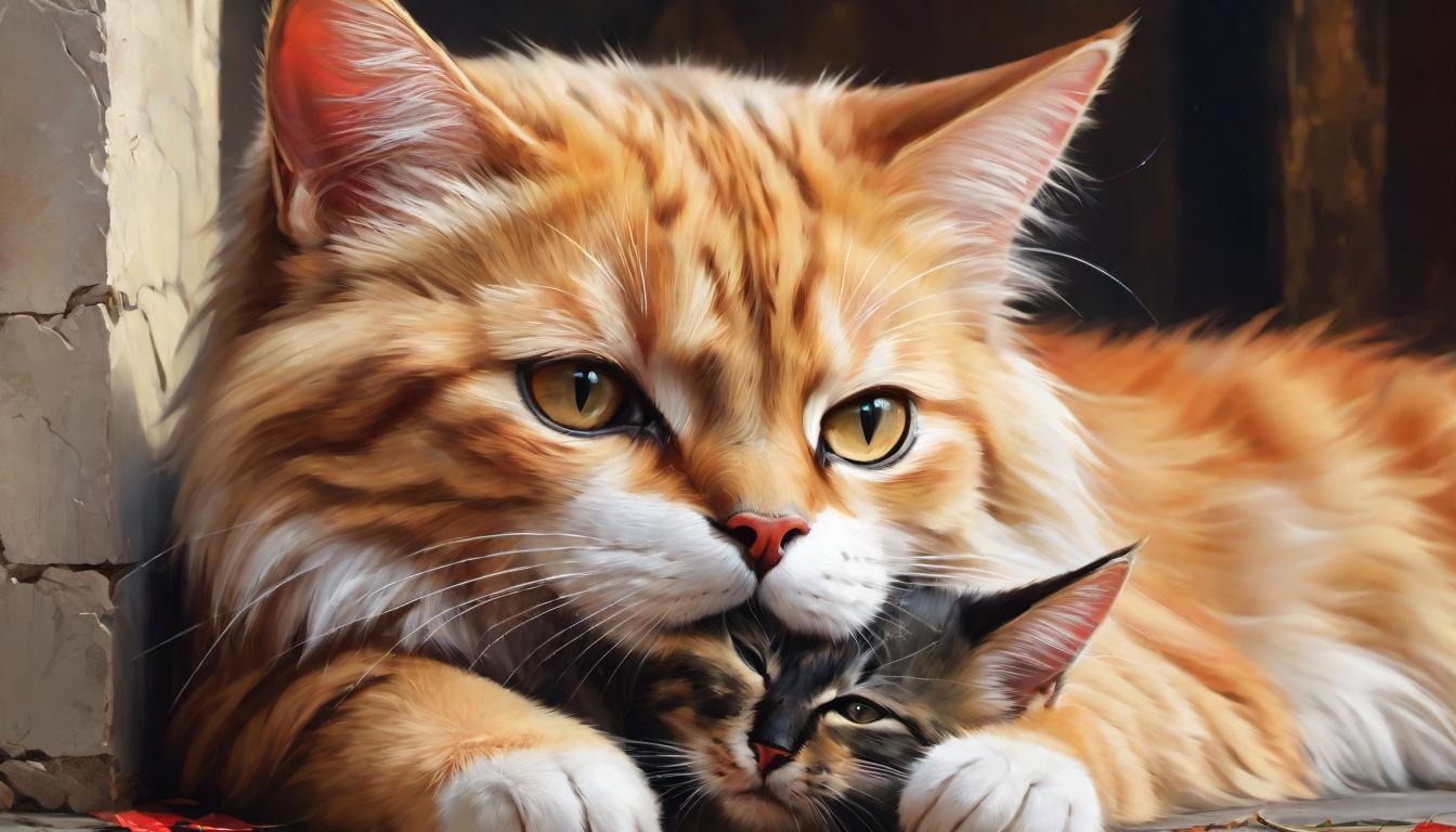  digital painting of A wounded cat, gently cradled by the Prophet, as he carefully removes a thorn from its paw, expressions of gratitude and relief on the cat's face, tender care, soft, empathetic ambiance looking at viewer, dynamic pose, (intricate details, masterpiece, best quality)