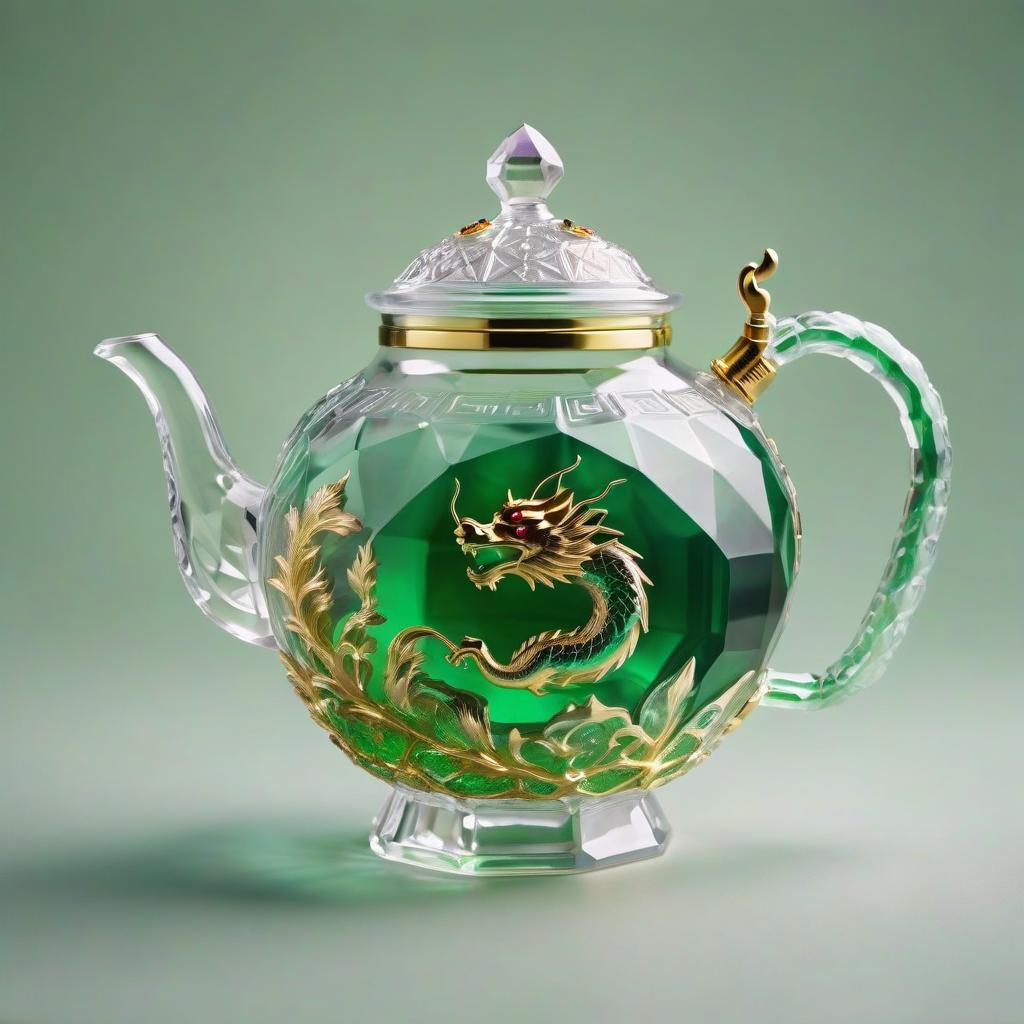  hyperrealistic art Crystal flattened Chinese teapot with 15 facets with golden dragon patterns,rubies,emeralds with green liquid inside,on a white and light green background, high resolution photography, clear details, soft lighting, emphasizing the product of raster photography,minimalism,steampunk,3d . extremely high resolution details, photographic, realism pushed to extreme, fine texture, incredibly lifelike hyperrealistic, full body, detailed clothing, highly detailed, cinematic lighting, stunningly beautiful, intricate, sharp focus, f/1. 8, 85mm, (centered image composition), (professionally color graded), ((bright soft diffused light)), volumetric fog, trending on instagram, trending on tumblr, HDR 4K, 8K