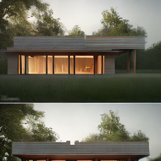 redshift style four views of a party building. rectangular building, with a slab roof on a large plot of land with gardens. the building must have an entrance, wooden pergolas, a floor that goes from the building entrance to the backyard door.