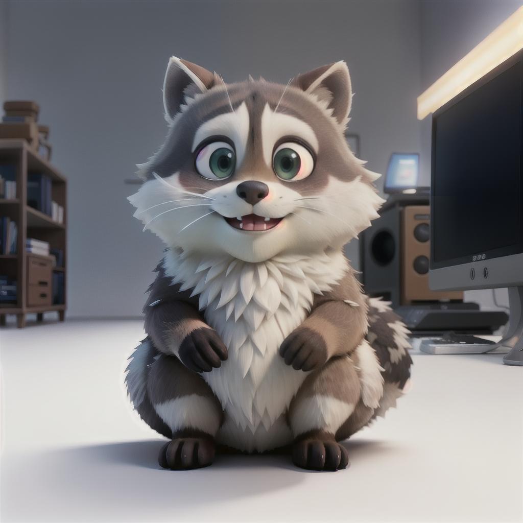  raccoon sitting in gaming chair front a computer on desktop, ((semi anthropomorphic)),(full body), tail, belly, sitting, fat, (chubby), (((white background))), solo, desktop, gaming chair, side view,  [[[clothes]]] hyperrealistic, full body, detailed clothing, highly detailed, cinematic lighting, stunningly beautiful, intricate, sharp focus, f/1. 8, 85mm, (centered image composition), (professionally color graded), ((bright soft diffused light)), volumetric fog, trending on instagram, trending on tumblr, HDR 4K, 8K