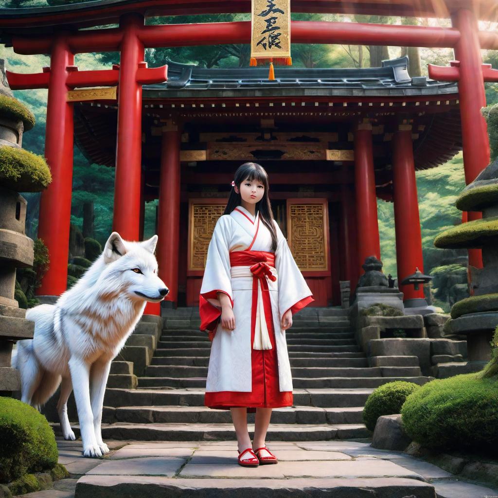  A girl in traditional japanese clothing, with white wolf beside her, standing in front of a a magical torri shrine, artgerm, by Studio Ghibli hyperrealistic, full body, detailed clothing, highly detailed, cinematic lighting, stunningly beautiful, intricate, sharp focus, f/1. 8, 85mm, (centered image composition), (professionally color graded), ((bright soft diffused light)), volumetric fog, trending on instagram, trending on tumblr, HDR 4K, 8K