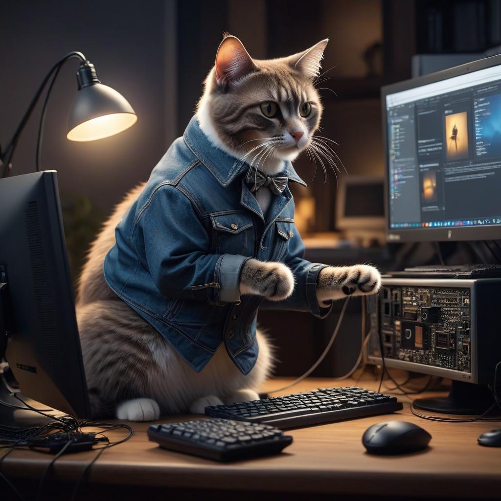  A cat wearing clothes fixes a computer. hyperrealistic, full body, detailed clothing, highly detailed, cinematic lighting, stunningly beautiful, intricate, sharp focus, f/1. 8, 85mm, (centered image composition), (professionally color graded), ((bright soft diffused light)), volumetric fog, trending on instagram, trending on tumblr, HDR 4K, 8K