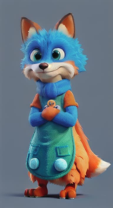  {Error the fox pressing the blue button with his paw, looking puzzled as nothing occurs., Error is a small, bright orange fox with a fluffy tail and big, inquisitive eyes. He has a mischievous yet kind expression and wears a tiny green scarf.