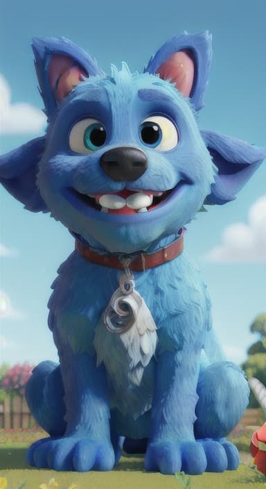  {Max carefully picking up the ball with his teeth without disturbing the flowers, The big blue dog is large with sky blue fur, big round eyes, a black nose, and floppy ears.