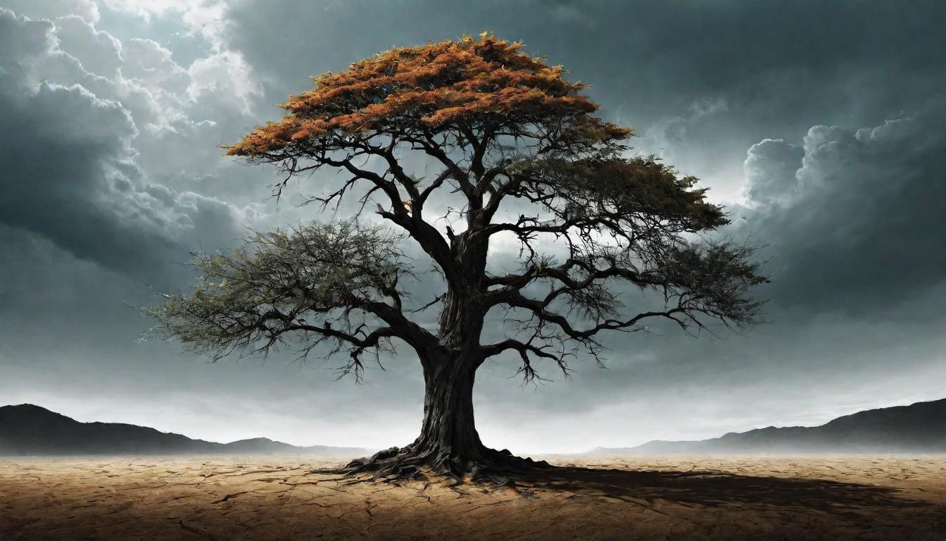  （surrealism)A lone tree standing defiantly in a drought stricken land, roots exposed, reaching out for nourishment, survival against odds, testament to inner strength, enduring vitality, the struggle for growth. mystic, intricate details, best quality)